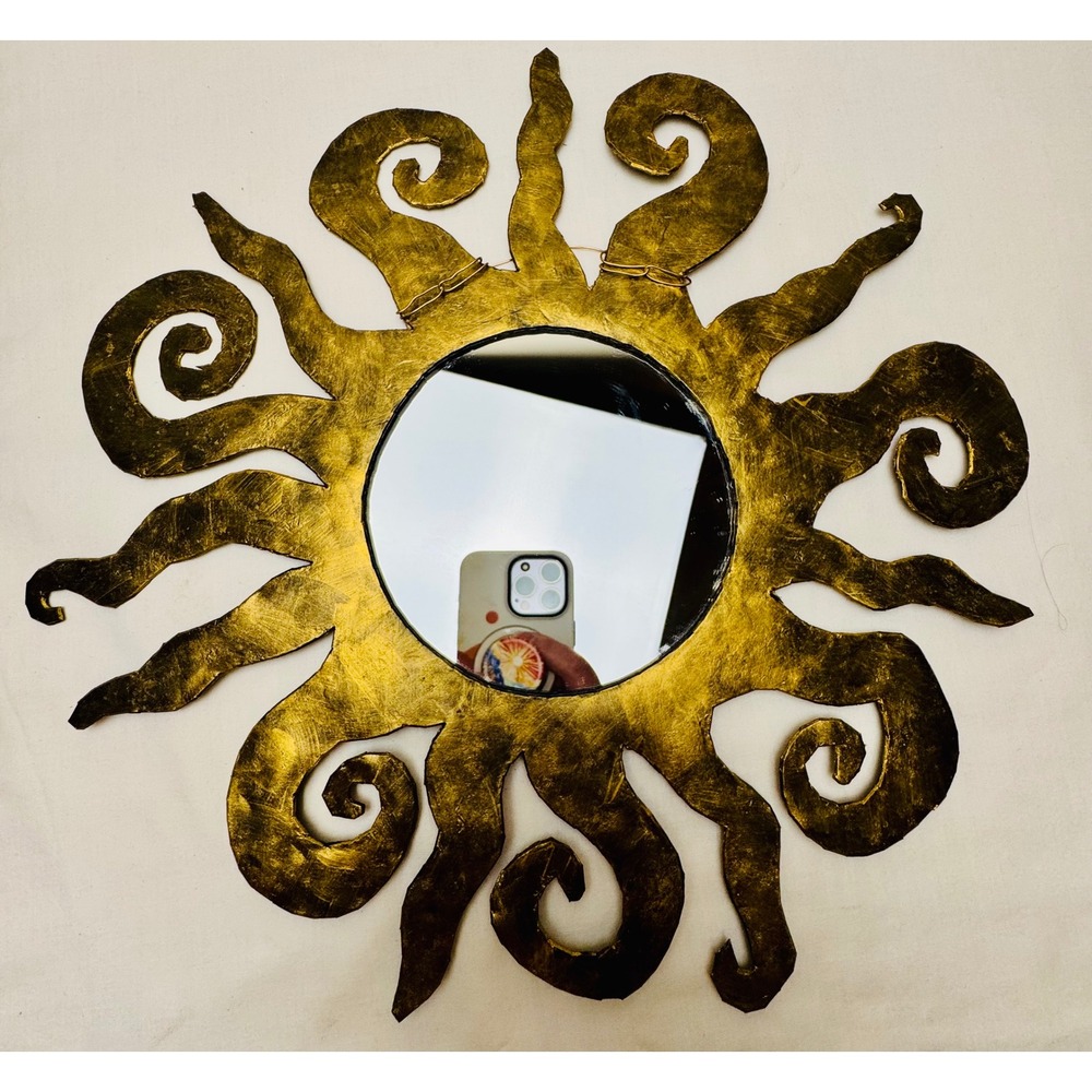 Vintage Brutalist Handmade Celestial Sunburst Wall Mirror Gold Whimsigoth Decor - Picture 2 of 8